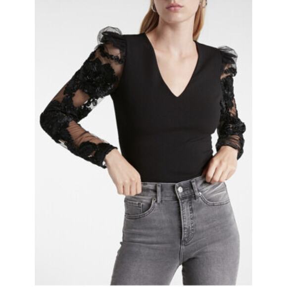 NEW Express Black Lace Sleeve Body Suit, Size XS, KB372 - Picture 1 of 6